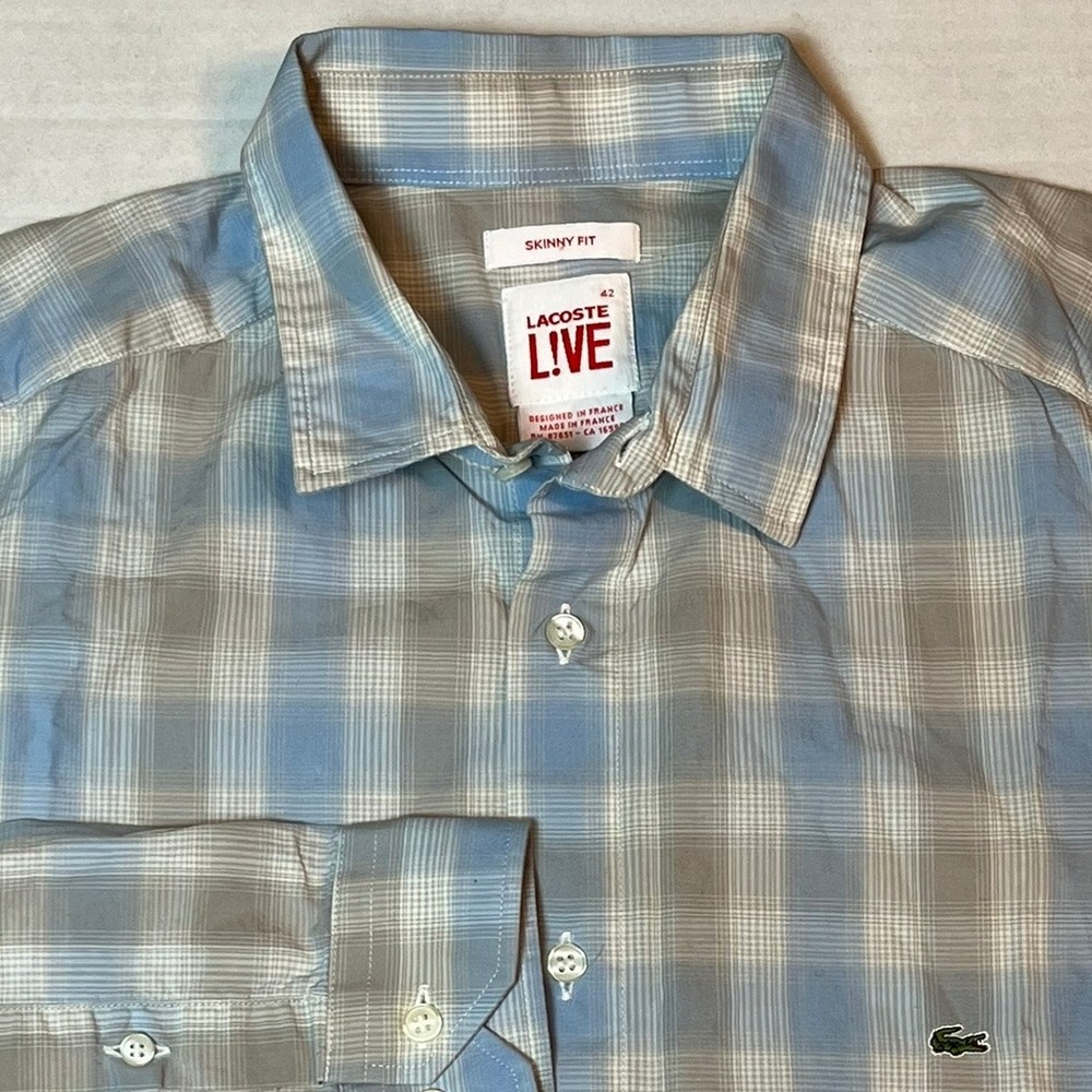 Lacoste Live Button Down Shirt Mens 42 Blue Grey Plaid Skinny Fit Long Sleeve‎